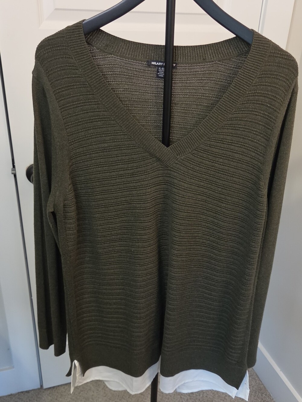 SOLD!!!! Hilary Radley Olive Green V-Neck Knit Sweater with White Hem Detail XL